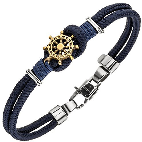 Jobo Damen Armband Steuer Steuerrad 2-reihig Baumwolle dunkelblau mit Edelstahl 21 cm