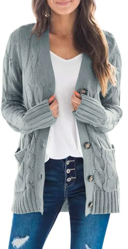 MEROKEETY Women's Long Sleeve Cable Knit Sweater Open Front Cardigan Button Loose Outerwear, Grey, Medium