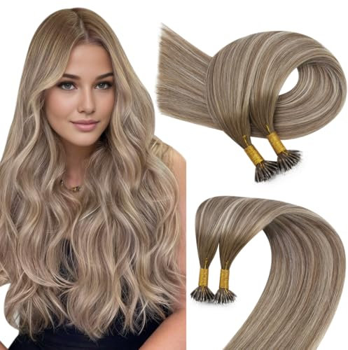 Easyouth Balayage Echthaar Nanoring Extensions Farbe Mittelbraun Mix Platin Blond und Mittelbraun 35 cm 50 Stück 50g Extensions Nano Tip Haarverlängerung #6/60/6