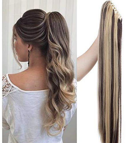 SEGO Postiche Queue de Cheval Raide - Faux Cheveux Queue de Cheval Synthetique Fibre Attaché Par Pince Claw On Ponytail Extension - 66 CM Marron Foncé Mèche Ash Blond