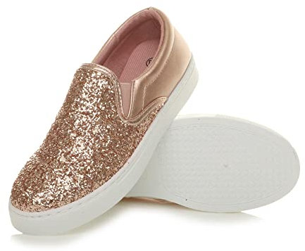 Womens Ladies Casual Slip on Glitter Plimsolls Pumps Trainers Shoes, Rose Gold Glitter 2, 4 UK