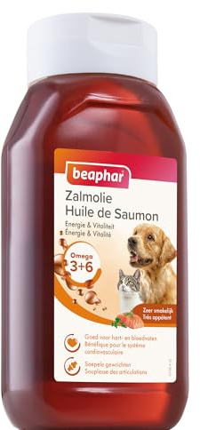 Beaphar – Huile de Saumon pour Chien et Chat – Complément Alimentaire – Omega 3 et 6 – Bénéfique sur Le système Cardio-vasculaire, Le Pelage et Les articulations – Apport énergétique – 430 ML
