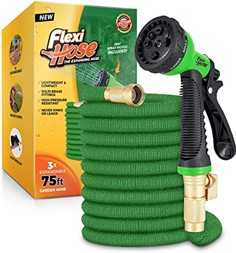 Flexi Hose Expandable Garden Hose - 75FT Heavy Duty Water Hose, Retractable Hose with 2cm Brass Fittings - Expandable Hose Design Includes Spray Nozzle (Green 23 Metres)