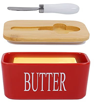 Porcelain Butter Dishes with Lids, Airtight Silicone Butter Box Butter Container for Butter,Nuts, Cheese,Red+ButterKnife