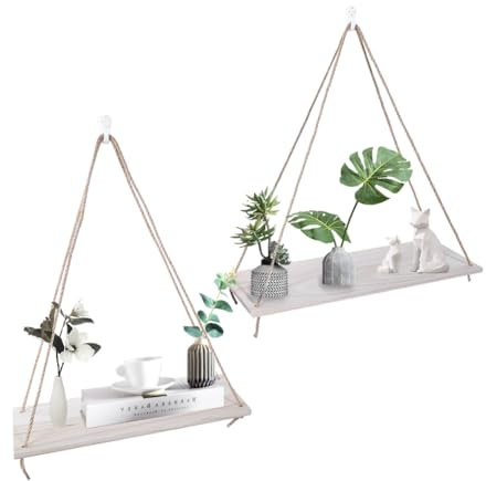 2Pcs Wandregal Holz Hängeregal mit Seil,Blumenschaukel Praktische Regale Regal Wand Boho Deko Hängendes Wandschaukel Schweberegale Rustikale Holz Hängeregale Swing Seil für Wohnzimmer,Büro