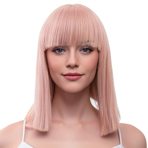 IMISSU Parrucca cosplay capelli corti naturali con frangia dritta Parrucche per feste in costume di Halloween per le donne (Pink)