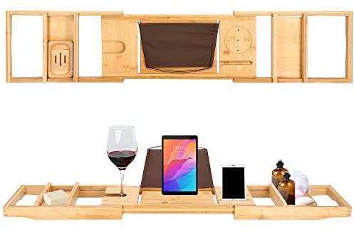 SPRINGOS Bambus Badewannenablage Badewannenbrett ausziehbare Ablage 75-110,5 cm Badewannentablett Badewannenaufsatz Laptop Ständer Buchstütze Glashalter