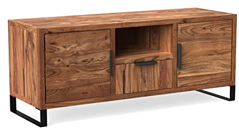 Woodkings® Lowboard Sydney massiv Holz Wohnzimmer Möbel TV-Bank mit Ablage, Türen und Schubkasten TV-Regal Stauraum Metallfuß