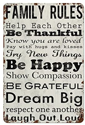 DJNGN Family Rules Be Happy Be Thankful Vintage-Metallschild, Retro-Blechschild, Wandkunst, Dekoration, Neuheit, Poster, Metallplatte für Bar, Café, Mann, Höhle, Heimdekoration, Geschenkideen