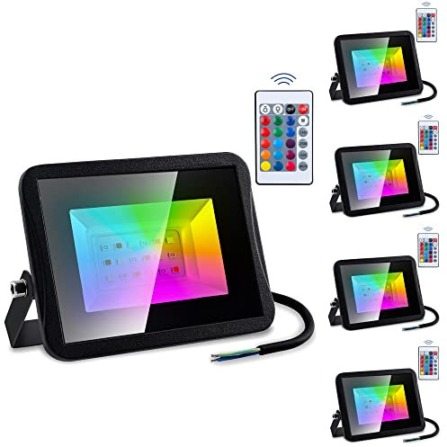 Izrielar 5er 50W Farbwechsel RGB Strahler, Bunt Dimmbar Fluter Scheinwerfer, Memoryfunktion, 16 Farben 4 Modi,DIY-Farben, IP66 Wasserdicht Außenstrahler für Aussen Innen Baum Party, Kein Stecker