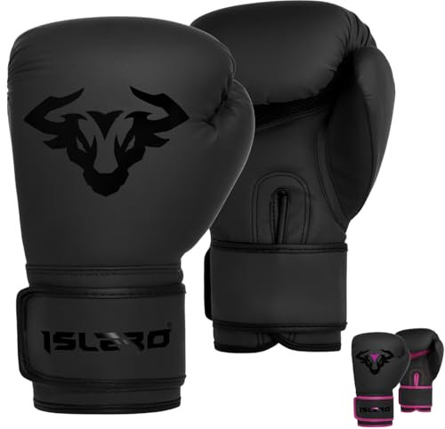 Islero Fitness Matte Black Kids Boxing Gloves Punch Bag Pink Girl Junior MMA Muay Thai Boy Martial Arts Kick Boxing Sparring Training Fighting (Black, 4 OZ)