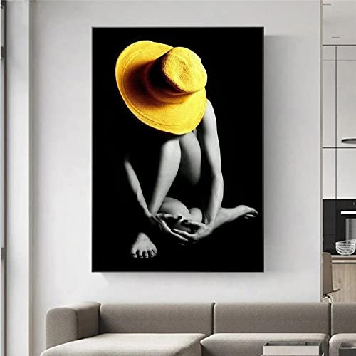 Leinwand Bilder Mit Rahmen, Sexy nackte Frau Leinwand Gemälde moderne Poster und Drucke Mädchen tragen gelben Hut Wandkunst Bild Schlafzimmer Dekor 70 x 100 cm gerahmt