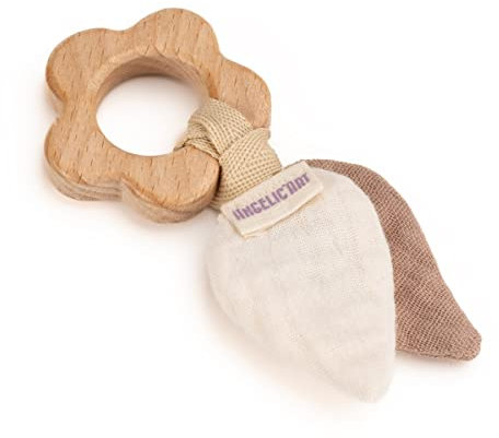 AngelicArt - Baby Beißringe aus Holz Bissfeste Musselinstoff/Baumwolle - Süße Holztiere - Natur (Blume - Natur)