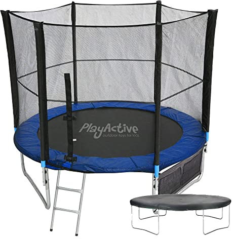 PlayActive 6ft / 8ft / 10ft / 12ft / 14ft / 16ft Kids Trampoline with Safety Enclosure Net, Ladder, Weatherproof Cover, Shoe Bag Included (Blue, 6ft)