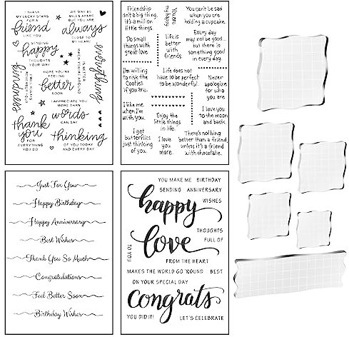 MAOQYE Set di 10 blocchi per timbri in acrilico, include 6 blocchi per timbri in acrilico, 4 sigilli trasparenti in silicone trasparente, per bambini, scrapbooking, artigianato, creazione di biglietti