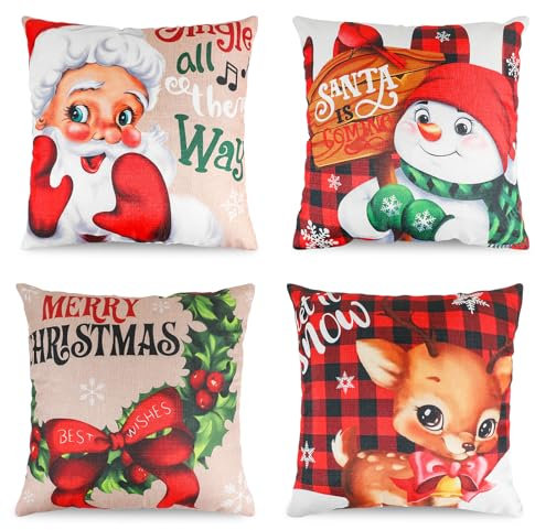 JOFONY Weihnachten Kissenbezug,Leinen Kissenbezug, 4 Stück Kissenhülle,Rot Zierkissenbezüge,Weihnachten Dekorative Kissenbezug für Weihnachten Geschenk,45 x 45 cm