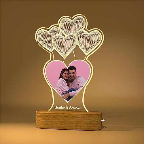 Rainsar Lampe personnalisée avec photo-Veilleuse De Ballons De Coeur d'Amour d'Illusion 3d Personnalisée,Lampe d'Amour Led Cadeau Personnalisée Pour Ami,Décor à La Maison,La Saint-Valentin
