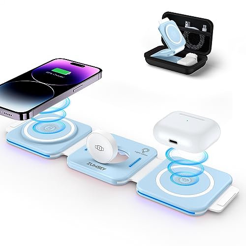 ZUMSEY Foldable Travel Wireless Charger, 3 in 1 Wireless Charging Station for iPhone 16 15 14 13 12 11 Pro Max Magnetic Charging Stand for iWatch 8/7/6/SE/5/4/3/2, AirPods with Adapter(Blue)