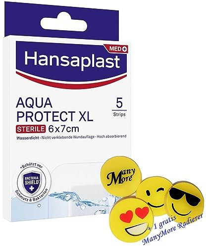 Hansa plast Aqua Protect XL - 5 Pflaster Strips wasserundurchlässig - je 6 x 7 cm - wasserdichter Wundverband + gratis ManyMore Radierer