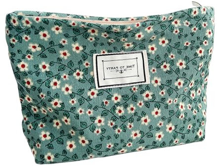 Brateuanoii Trousse De Toilette Petit, Pochette Maquillage Vert, Trousse De Toilette Femme Voyage, Trousse Cosmétique Femme, Trousse De Rangement, Velours Côtelé Vert, Fleurs Blanches, Trousse à Clés
