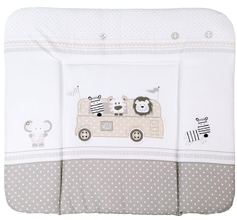 roba Wickelunterlage, abwischbar, 85 x 75 cm, Safaribus, erhöhter Rand, für Wickeltisch, ohne Phthalate, Tiermotiv, Braun/Weiß/Beige