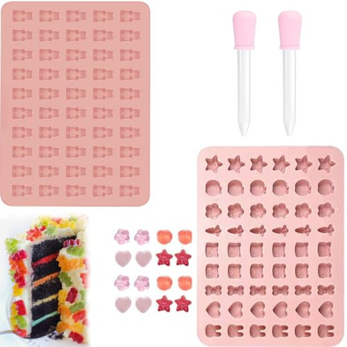Gummibärchen Formen, 2 Stück Bonbon Formen Silikon, Süßigkeiten Silikonformen, Mini Schokoladenformen, Gummibärchen Selber Machen Set, mit 2 Tropfern, für Schokolade Gelee
