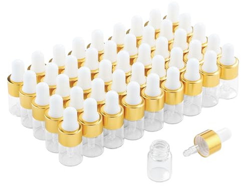 50 Pack mini flacons compte gouttes vides en verre avec bouchons dorés,flacons d'échantillons de parfum pour huiles essentielles, huiles corporelles et liquides (2ml)