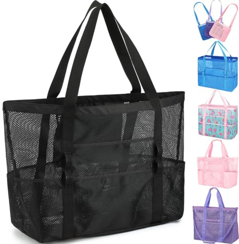 Fammart Mesh Beach Bag, Large Beach Tote with Zipper Pocket, Toys Pool Bag for Family Travel Vacation Cruise Essentials, Large - Black