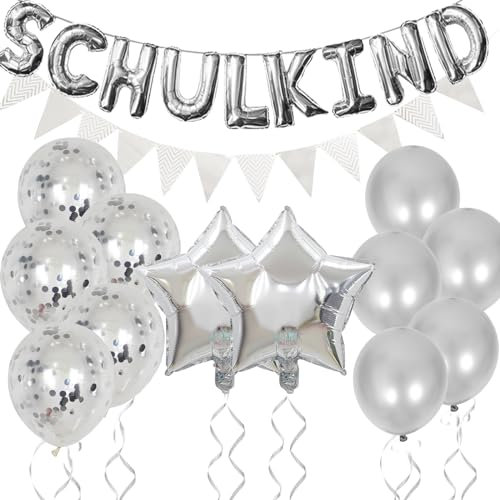 VIKY® Schulanfang Deko Einschulung Junge Mädchen, 14 Stück Einschulung Deko Set, Schulkind Deko Silber 2024, Deko Schulanfang mit Wimpelkette, Stern Einschulung Folienballon,Konfetti Luftballons