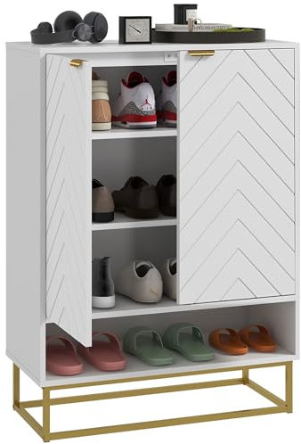 HOMCOM Shoe Cabinet, 12 Pairs Shoe Storage Cabinet with 2 Chevron Doors, Adjustable Shelf, Open Shelf and 6 Vents for Entryway, Hallway, White
