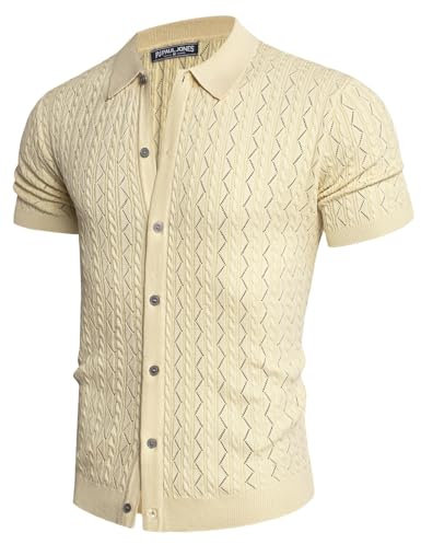 PJ PAUL JONES Herren-Poloshirt, ausgehöhlt, strukturiert, lässig, gestrickt, Golfshirt, Hellbeige, XL
