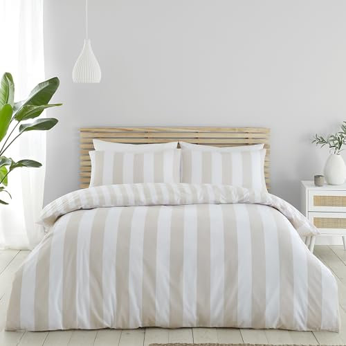 Catherine Lansfield Cove Stripe Wende-Bettwäsche-Set mit Kissenbezügen, für Kingsize-Bett, Natur