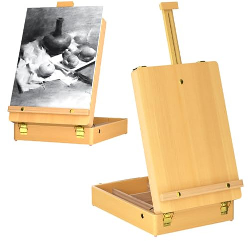 Wooden Table Box Easel, Portable Table Top Easel, Artist Easel Sketchbox, Adjustable Art Desktop Easel for Kids Adults Drawing, Painting and Sketching - Storage Art Supplies Easel Box