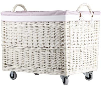 e-wicker24 Aufbewahrungstruhe, Wäschekorb, rechteckig, Weidenkorb mit Rollen und Stofffutter, Aufbewahrungsbox, Weidenkorb, Box (Weiß/Rosa)