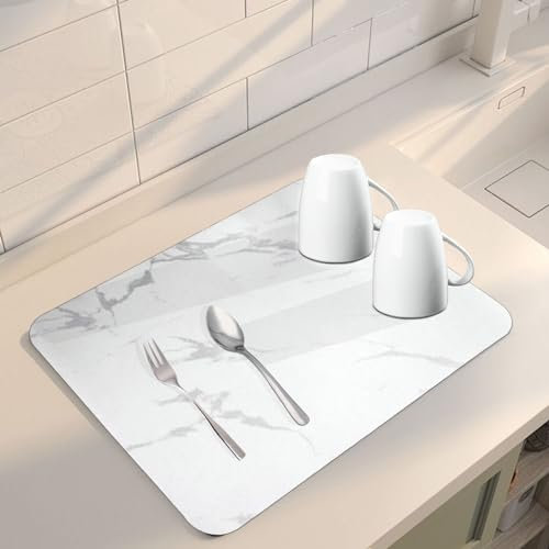 TENQUAN Abtropfmatte, 60x40 cm Küchenabtropfmatte, Wasser Absorbierende Abtropfmatte, Tropfmatte, Spritzschutzmatte mit Rutschfestem Knopf für Kaffeemaschine Spüle Küche Arbeitsplatte (Weißer Marmor)