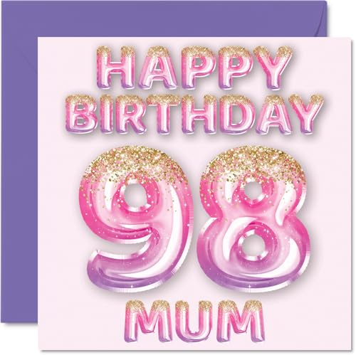 98th Birthday Card for Mum - Pink & Purple Glitter Balloons - Happy Birthday Cards for 98 Year Old Mum Mother from Son Daughter, 145mm Bday Greeting Cards Gift