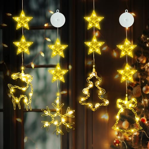 JORETLE 4 Stück LED Fenster Weihnachtsbeleuchtung, 8 x LED Stern +4 x LEDs Weihnachtselemente,Weihnachtsdeko Warmweiß Lichtervorhang mit Saugnäpfe,Batteriebetrieben,Für Weihnachten Deko, Party