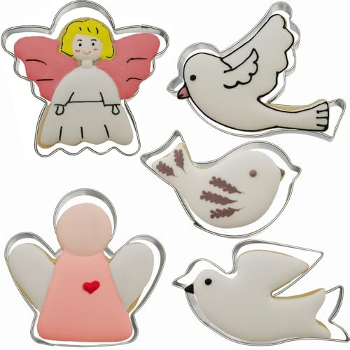Peace Dove & Angel shaped Cookie Cutters Set of 5 pcs, Stainless Steel Carrier Pigeon Bird Angel Fondant Cutter Molds Baking DIY