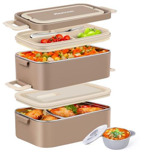 Rezicom Stainless Steel Lunch Box for Kids and Adult, Two Layer 2 L Capacity Leak-Proof Bento Box for Kids, Lunch Containers for Women School Office with Stainless Steel Soup Bowl Spoon and Fork
