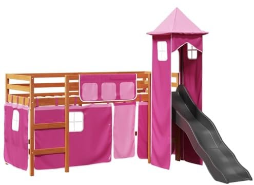 VidaXL Lit Mezzanine Enfants avec Tour Rose 90x190 cm en Bois Pin Massif, Cadre avec Échelle
