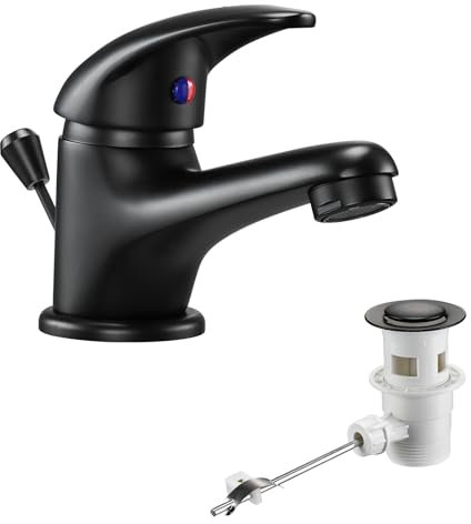 Robinet de salle de bain avec tirette de vidage - Mini robinet de lavabo à levier unique - Noir - Mitigeur monocommande - Avec bec - Hauteur du bec : 45 mm - Pour petits lavabos de salle de bain et WC