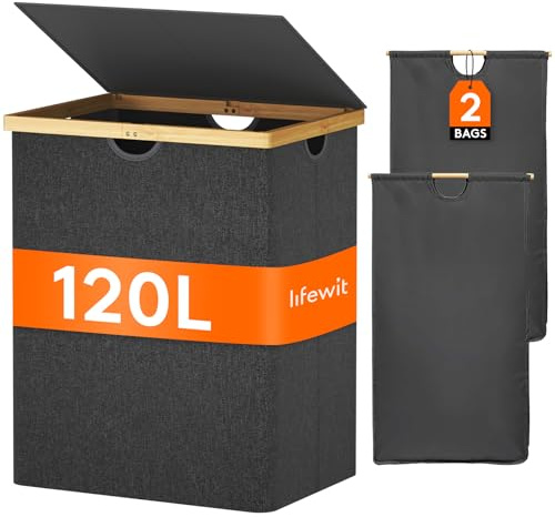 Lifewit 120L Bambus-Wäschekorb mit 2 Fächern und Deckel, Dunkelgrau | Faltbarer Wäschesammler mit 2 herausnehmbaren Wäschesäcken und Bambusgriffen, Wäschesortiersystem für Schlafzimmer und Bad