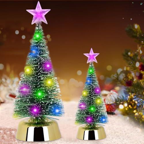 Mini Weihnachtsbaum, 2 Stück Weihnachtsbaum Künstlich, Grün Mini Tannenbaum, Tannenbaum Deko Klein, LED Künstlicher Kiefernbaum, Schnee Effek Weihnachts Party Basteln for Tischdeko(19cm+25cm)