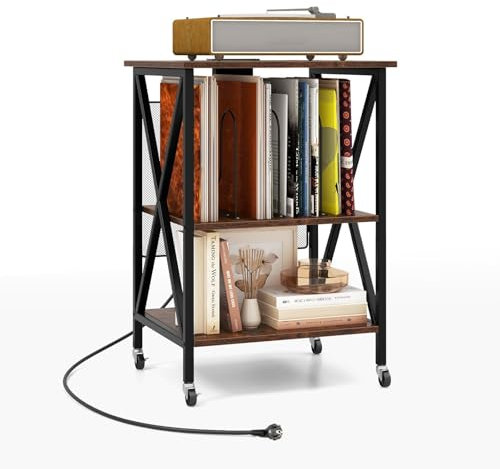 COSTWAY Meuble Tourne-Disque Vinyle avec Prise, Table d’Appoint à Roulette avec Station de Charge, 2 Prises, 1 USB, 1 Type-C, Bout de Canapé, Support Tourne-Disque Industriel (Marron Rustique)