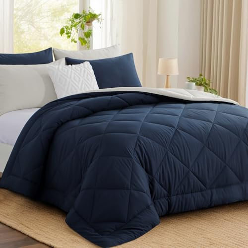 Aisbo Coverless Duvet Double 10.5 Tog - 200x 200cm, Navy Blue Cosy and Lightweight Quilt, Reversible Comforter with 2 Pillowcases, Navy/Beige