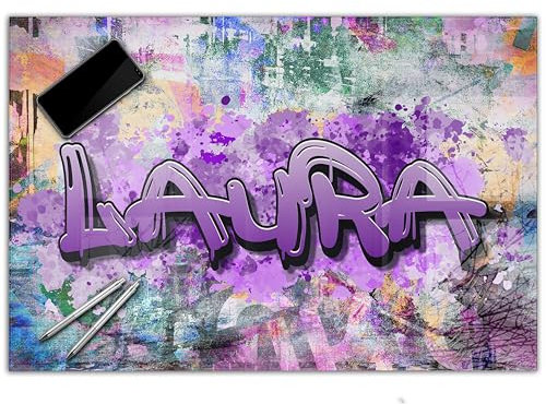 Gamer Schreibtischunterlage personalisiert mit Namen | 60 x 40 cm Graffiti für Mädchen | wasserfeste Schreibunterlage, abwischbar, hochwertiges Acrylglas, gaming Motiv Teenager Kunststoff
