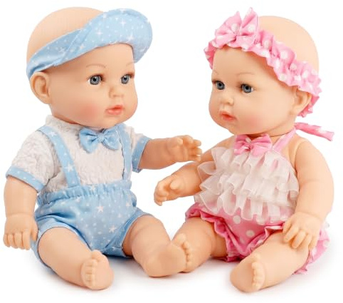 Bibi Doll 14 Twin Baby Dolls Lucy & Lou with Pink & Blue Complimenting Outfits - Anatomically Correct, Soft Vinyl Bodies - Realistic Baby Dolls for Girls and Boys Aged 3 Years and Up
