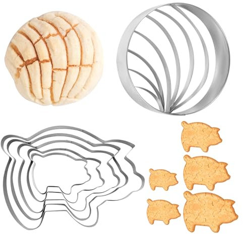 6stk Concha-Ausstecher, Mexikanische Brotform aus Edelstahl mit Ausstechform in Schweineform in 5 Größen Zweiseitiger Concha-Ausstechstempel für Brot Kekse Kuchen und Biskuits (2 Stile)