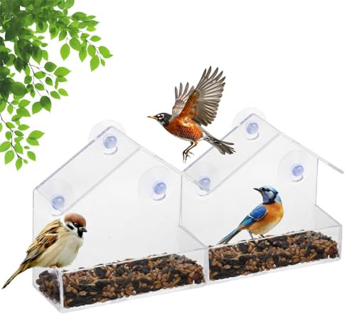 2er-Pack transparentes Fenster-Vogelfutterhaus, Vogelhaus mit 3 Saugnäpfen, vogelhaus balkongeländer, Vogelfutterstation zur Fütterung von Wildvögeln, Bergvögeln, 15 x 15 x 6 cm