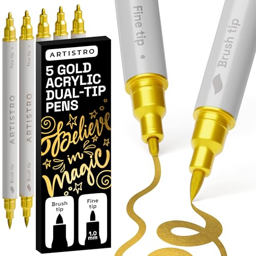 ARTISTRO 5 Gold Acrylic Paint Pens – Dual Tip (Brush & Fine) Markers, Multicolor for Fabric, Canvas, Rock, Glass, Wood & Paper – Great DIY & Gift for Kids, Teens - Art Set